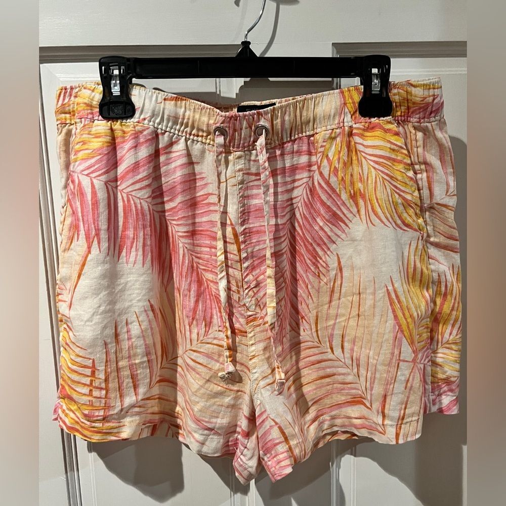 Tahari SizeL Linen Shorts Beige Pink Orange Tropical Leaf Print Summer Vacay